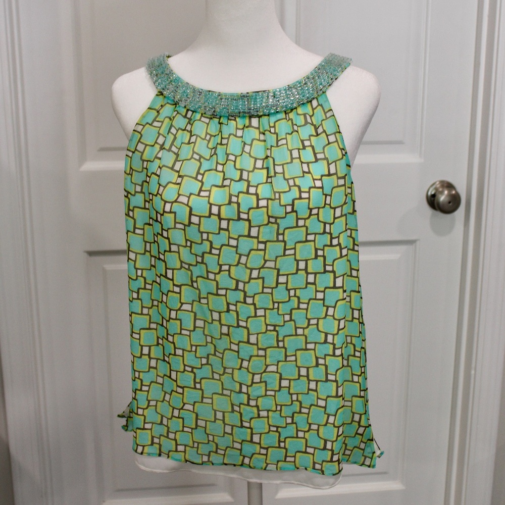 100% Silk Beaded Top W by Worth Sleeveless with Aqua Pattern Fits like Size S